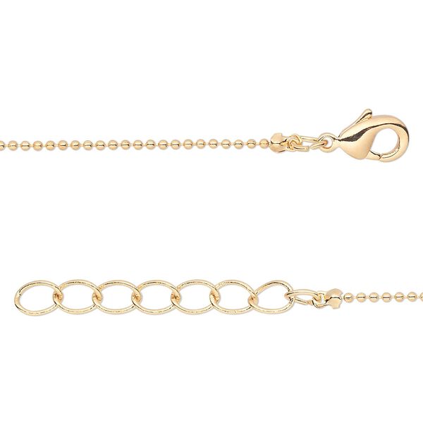 Chain, gold-finished brass, 1mm ball, 7-1/2 inches with 1-1/4 inch extender chain and lobster claw clasp. Sold per pkg of 6. image number 0