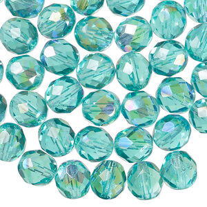 Bead, Czech fire-polished glass 1pkg50, light aqua AB, 8mm faceted round.