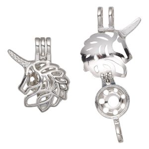 Pendant, imitation rhodium-finished "pewter" (zinc-based alloy), 26x22mm single-sided unicorn bead cage, fits up to 8mm bead. Sold individually.