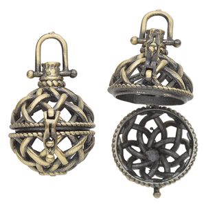 Drop, antique brass-finished brass, 27x20mm round bead cage with cutout woven design and safety latch, fits up to 15mm bead. Sold individually.