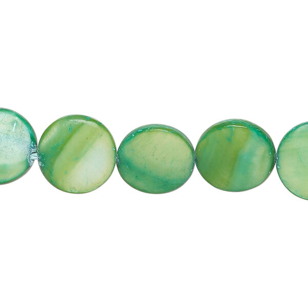 Mother-of-pearl shell 1pkg1, puffed flat round bead 15 inch green 11-12mm image number 0