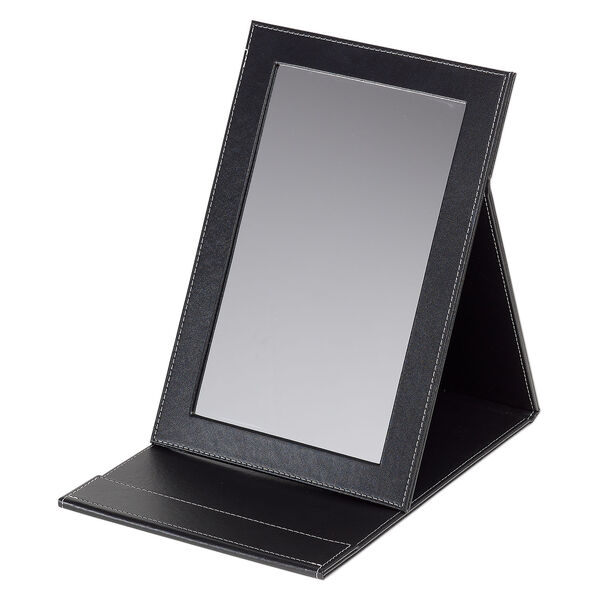 Mirror display, EUROTOOL&reg;, faux leather and glass, black / white / clear, 12 x 8 x 3/4 inch closed with 9-3/4 x 6 inch mirror. Sold individually. image number 1
