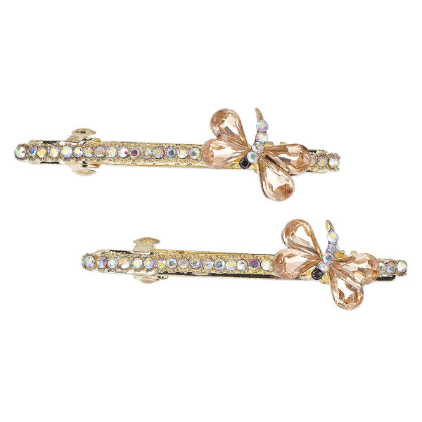 Barrette, glass rhinestone with gold-finished steel and "pewter" (zinc-based alloy), clear / pink / black, 63x18mm with 21x15mm dragonfly. Sold per pkg of 2. image number 0