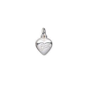 Charm, sterling silver-filled, 8x8mm double-sided puffed heart with "Love" and closed jump ring. Sold per pkg of 2.