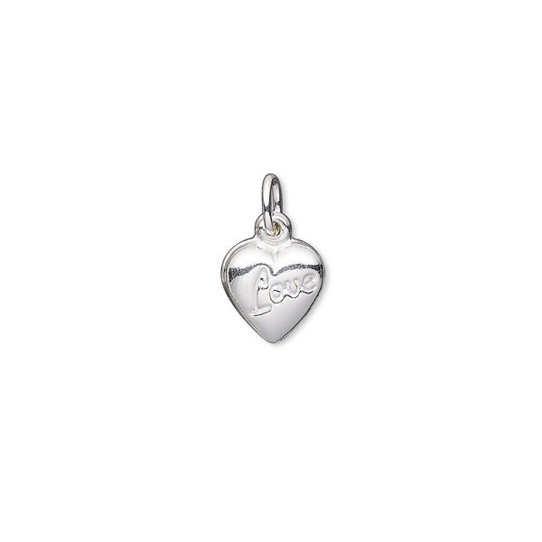 Charm, sterling silver-filled, 8x8mm double-sided puffed heart with "Love" and closed jump ring. Sold per pkg of 2. image number 0