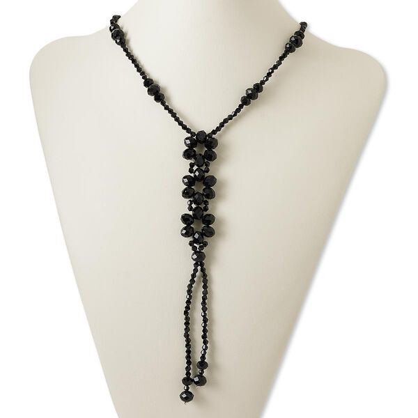 Necklace, glass and brass, black, 7-inch dangle with 4mm rondelle, 26-inch continuous loop. Sold individually. image number 0