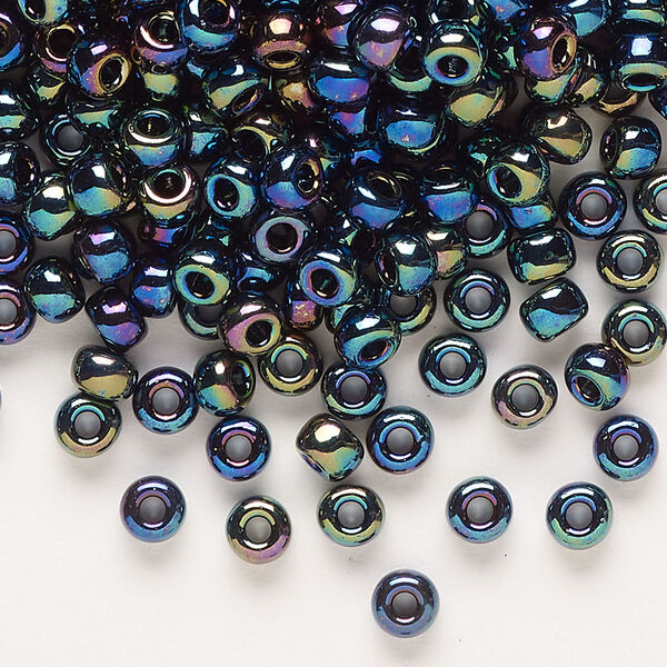 Seed bead, Miyuki, glass, pkg/25g, #6 rocaille, opaque rainbow black (RR-455). image number 0