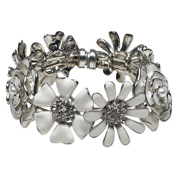 Bracelet, bangle, enamel / glass rhinestone / acrylic / silver-plated steel / pewter (tin-based alloy), white and clear, 31x31mm flower, 7-1/2 inches with magnetic clasp. Sold individually. image number 0