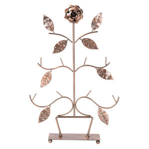 Display, necklace / bracelet / earring, antiqued copper-finished steel, 17 x 11-1/2 x 3-inch leafy tree with rose. Sold individually.