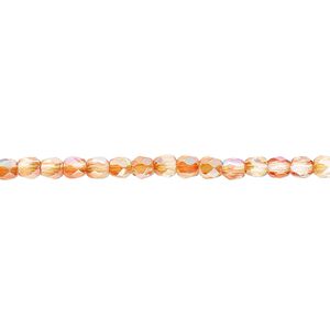 Bead, Czech fire-polished glass, two-tone clear AB and apricot medium, 3mm faceted round. Sold per 15-1/2" to 16" strand.