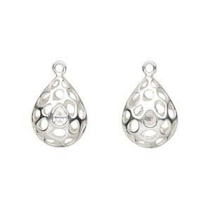 Drop, sterling silver and cubic zirconia, clear, 14.5x11.5mm double-sided hollow filigree puffed teardrop. Sold individually.