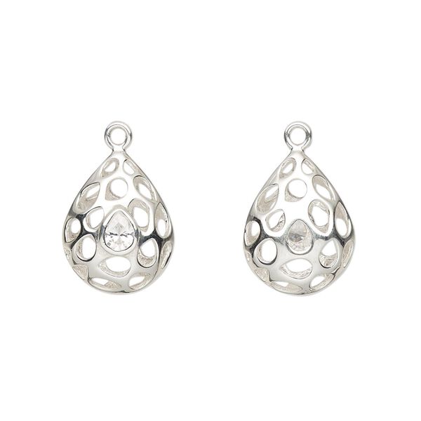 Drop, sterling silver and cubic zirconia, clear, 14.5x11.5mm double-sided hollow filigree puffed teardrop. Sold individually. image number 0