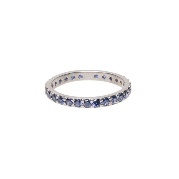 Ring, cubic zirconia and rhodium-plated sterling silver, blue, 3mm wide eternity band, size 7. Sold individually. image number 0