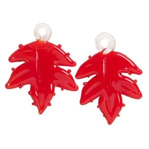 Drop, lampworked glass, opaque red, 25x24mm handmade single-sided beaded maple leaf. Sold per pkg of 2.