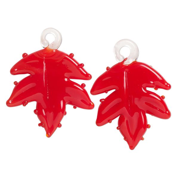 Drop, lampworked glass, opaque red, 25x24mm handmade single-sided beaded maple leaf. Sold per pkg of 2. image number 0