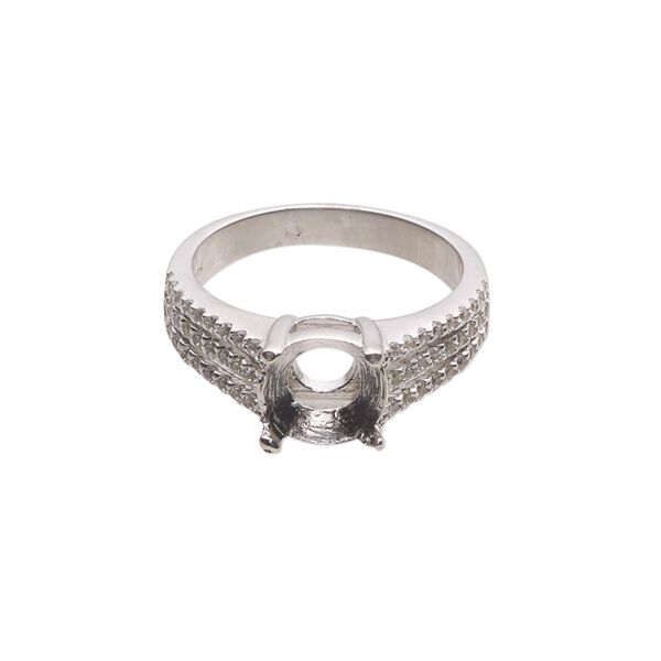 Ring, cubic zirconia and rhodium-plated sterling silver, clear, 8mm wide with open back and SS39 or 8mm round 4-prong setting, size 7. Sold individually. image number 0