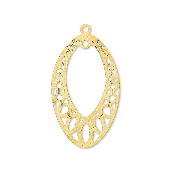 Drop, Lazer Lace™, gold-finished brass, 29x18mm open marquise with loop. Sold per pkg of 2. image number 0