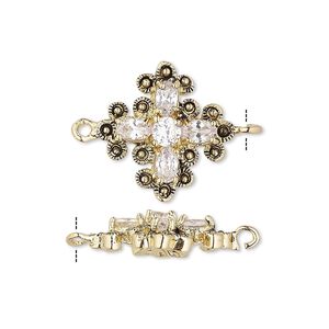 Link, cubic zirconia and antique gold-finished bronze, clear, 19x19mm single-sided cross with 7x3mm faceted oval and 4mm faceted round. Sold individually.