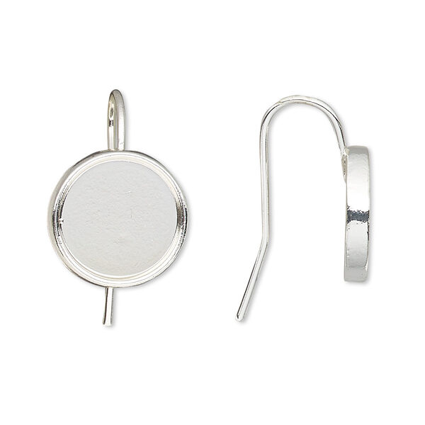 Ear wire, Almost Instant Jewelry®, silver-finished brass, 21mm fishhook with 12mm round glue-in setting, 18 gauge. Sold per pkg of 5 pairs. image number 0