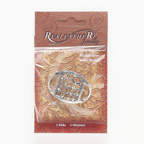 Slide, glass rhinestone and antiqued silver-finished "pewter" (zinc-based alloy), clear AB, 44x31mm-45x32mm oval with circle cutout design. Sold individually. image number 0