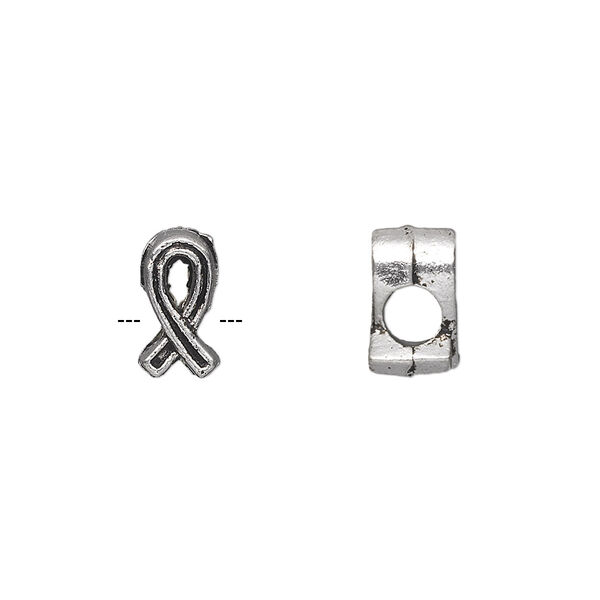 Bead, antique silver-plated "pewter" (zinc-based alloy), 11x6mm double-sided awareness ribbon. Sold per pkg of 20. image number 0
