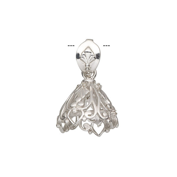 Bail, cubic zirconia and rhodium-plated sterling silver, clear, 15.5x13.5mm cone with inside cross bar and bail with fan design. Sold individually. image number 0