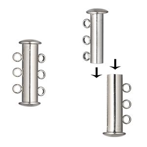 Clasp magnetic slide lock 1pkg1, 20x5mm round tube, silver-finished brass 3-strand