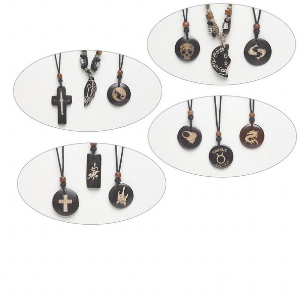 Necklace mix, bone / wood / cotton (dyed), black / brown / green, 3-inch dangle with 30-40mm mixed shape pendant and accent beads, adjustable 34-inch waxed cotton cord. Sold per pkg of 3. image number 0