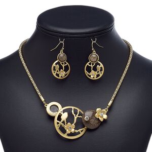 Necklace and earring set, acrylic / glass rhinestone / gold-finished steel / brass / "pewter" (zinc-based alloy), clear and brown, round and flower, 18-inch necklace with 2-inch extender chain and lobster claw clasp, 39mm earrings with fishhook ear wire. Sold per set.