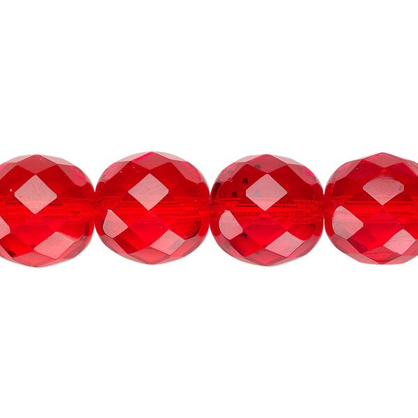 Bead, Czech fire-polished glass, pkg/15-1/2 to 16 inches, 12mm faceted round, transparent light red, (90080). image number 0