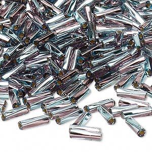 Bead, Miyuki, bugle bead, glass, pkg/250 g, 6x2mm center-drilled twisted, silver-lined translucent aquamarine blue/plum (TW-3938).