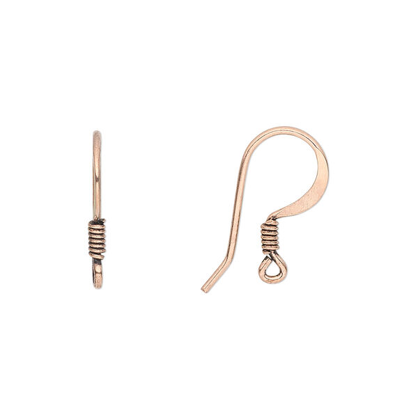 Ear wire, antique copper-plated copper, 17mm flat fishhook with 3mm coil and open loop, 20 gauge. Sold per pkg of 20 pairs. image number 0