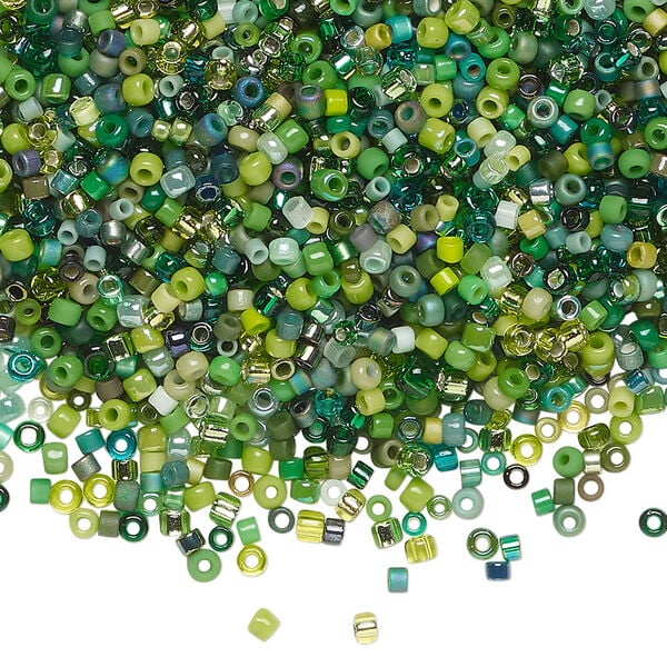 Seed bead mix, glass, 1pkg25g, #15 to #11 round, opaque and translucent multi-green image number 0