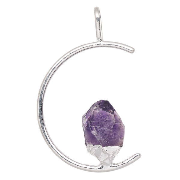 Pendant, Everyday Jewelry, silver-plated brass and amethyst (natural), 45x23mm-47x25mm open half round. Sold individually. image number 0