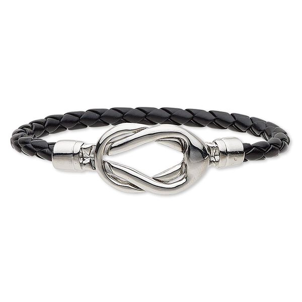 Bracelet, faux leather and imitation rhodium-plated "pewter" (zinc-based alloy), black, 5mm wide braided design, 6-1/2 inches with reef knot magnetic clasp. Sold individually. image number 0