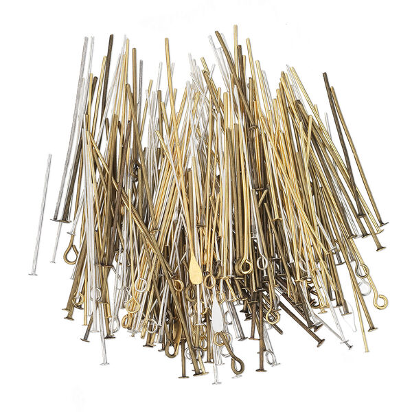 Head pin and eye pin mix, pewter (tin-based alloy) / brass / "pewter" (zinc-based alloy), multi-finished, 1/2 to 4 inches, 21-28 gauge. Sold per 25-gram pkg, approximately 50-150 pins. image number 0
