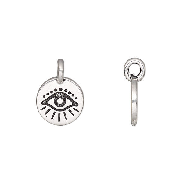 Charm, TierraCast®, antique silver-plated pewter (tin-based alloy), 12mm single-sided round with evil eye. Sold per pkg of 20. image number 0