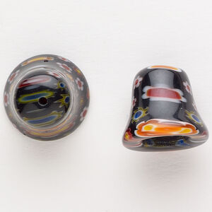 Cord end 1pkg2 millefiori glass, translucent black / red / white, 17-18mm bell.