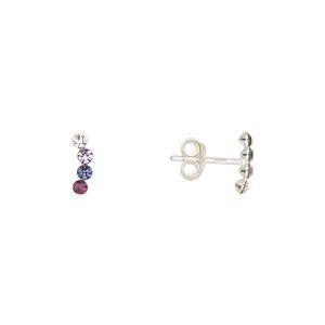 Earstud sterling silver / Preciosa crystal 1pkg2, 8.5x2.5mm right- and left-facing curved bar / earnuts included, Create Compliments® multicolored 1 pair