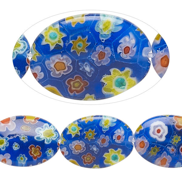 Bead, millefiori glass, translucent blue and multicolored, 17x13mm-18x13mm puffed oval. Sold per 14-inch strand. image number 0