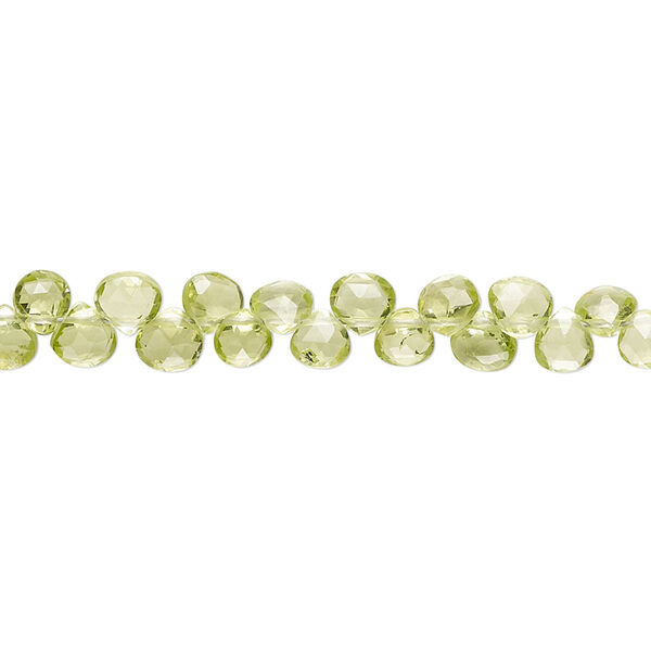 Bead, peridot (natural), 4-5mm hand-cut faceted puffed teardrop, B grade, Mohs hardness 6-1/2 to 7. Sold per 8-inch strand, approximately 70 beads. image number 0