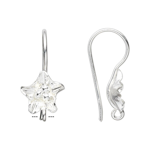 Ear wire, Hill Tribes, fine silver, 27x11mm with 5-petal flower and loop. Sold per pair. image number 0