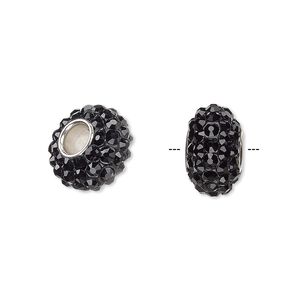 Bead, Dione®, Czech glass rhinestone / epoxy / imitation rhodium-plated brass grommet, black, 13x8mm-14x8mm rondelle, 4.5mm hole. Sold individually.