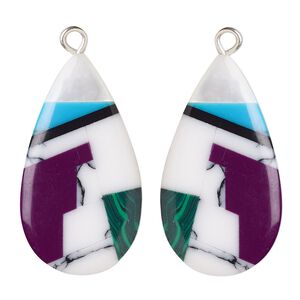 Drop, mother-of-pearl shell / resin / silver-finished copper, multicolored, 28x16mm single-sided right- and left-facing flat teardrop. Sold per pkg of 2.