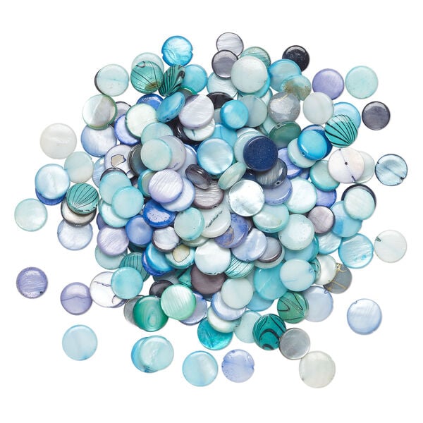Mother-of-pearl shell 1pkg4oz, puffed flat round bead mix multi-blue 9-12mm image number 1