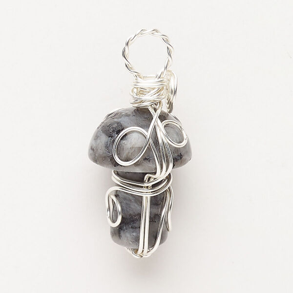 Focal, copper and labradorite (natural), pkg/1, 34x15mm-34x16mm wire-wrapped mushroom, silver finish. image number 0