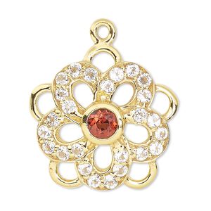 Drop, white topaz / garnet (natural) / gold-finished sterling silver, 16x15mm single-sided pentagon with cutouts. Sold individually.
