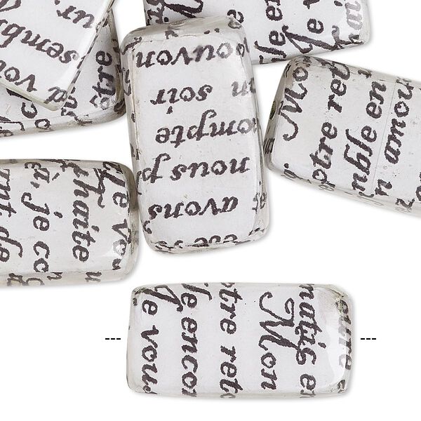 Bead, wood / newspaper / acrylic, white and black, 24x14mm double-sided flat rectangle with phrase in French. Sold per pkg of 8. image number 0