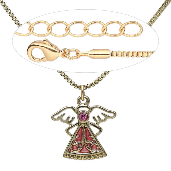 Necklace, Everyday Jewelry™, gold-finished "pewter" (zinc-based alloy) and brass / crystal / enamel, rose and pink, 24x19mm angel, 18 inches with lobster claw clasp. Sold individually. image number 0