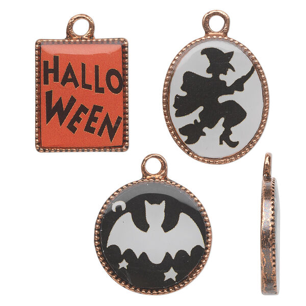 Charm, acrylic and antique copper-finished "pewter" (zinc-based alloy), black / white / orange, 17mm flat round with bat / 18x15mm flat oval with witch / 16x14mm flat rectangle with "HALLOWEEN." Sold per 3-piece set. image number 0
